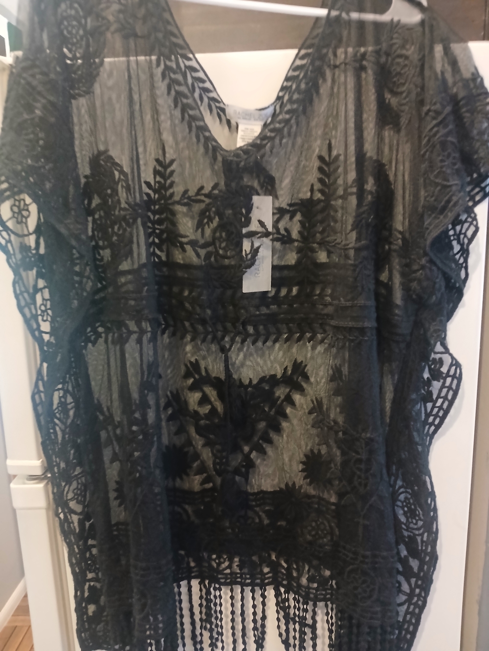 Rachel Zoe Black Sheer Embroidered Fringe Cover Up